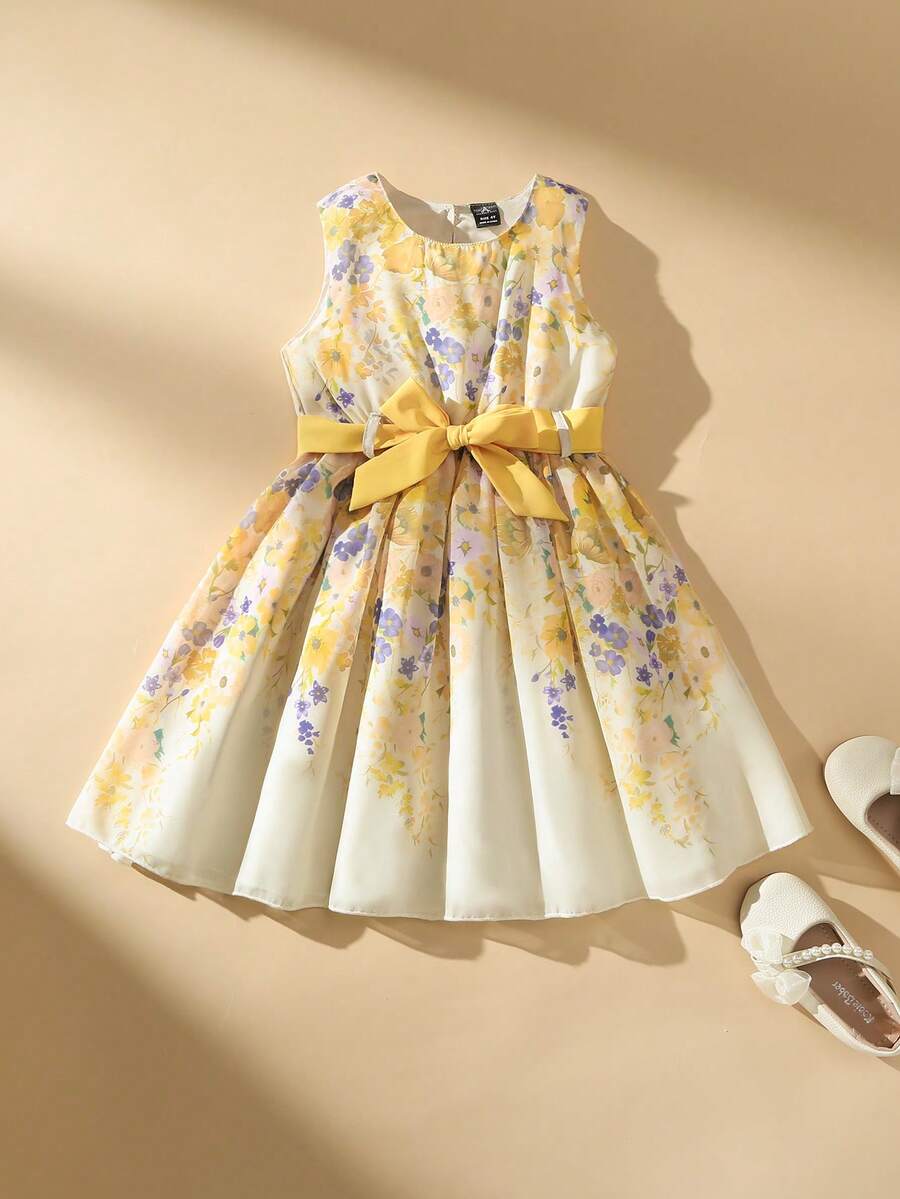 SHEIN 小女孩优雅碎花连衣裙，配有腰带，适合外出和度假 - 黃色 - 查看 1