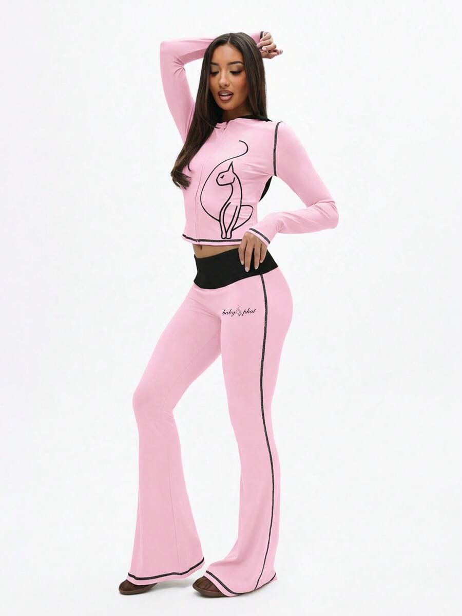 BABYPHAT Women Contrast Detail Flare Leggings High Waisted Wide Leg Yoga Pants Stretchy Lounge Bottoms Bell Bottom Style - Baby Pink - View 1
