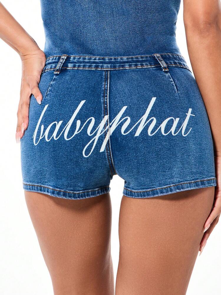 BABYPHAT Women's Collared Zip Front Denim Shorts Jumpsuit With Logo Print Summer Casual Romper