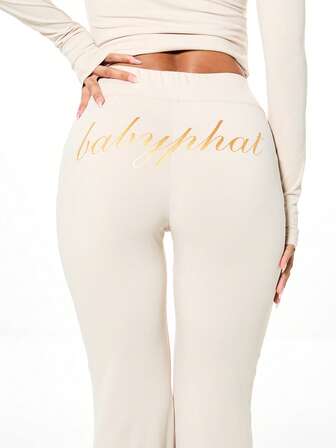 BABYPHAT Women's Stone Beige Jersey Flare Leggings With Gold Script Print High Rise Wide Leg Pants Casual Loungewear