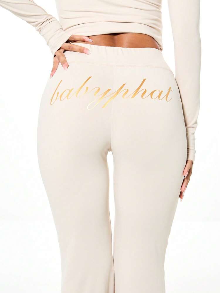 BABYPHAT Women's Stone Beige Jersey Flare Leggings With Gold Script Print High Rise Wide Leg Pants Casual Loungewear