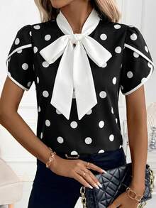 SHEIN Clasi 夏季女士优雅波点印花撞色系带花瓣袖衬衫，适合各种场合 - 黑與白 - 查看 3