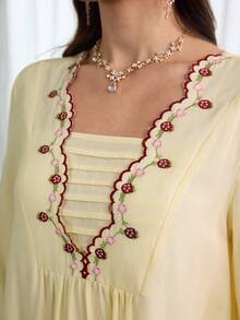 Al Najma Đầm tay xòe thêu tinh tế, thời trang cho mùa xuân/hè. - Màu vàng - Xem 2