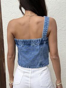 Sunnyshic 时尚休闲不对称水洗牛仔露肩上衣 - 中等水洗藍 - 查看 9