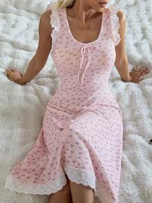 DAZY 甜樱桃印花系领撞色荷叶边无袖收腰女士睡裙 - 粉色 - 查看 7