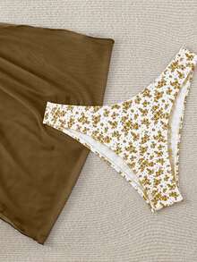 SHEIN Swim Mod Women's Summer Beach Ditsy Floral Halter Tie Sexy Bikini Set With Coverup And Skirt - Mocha Brown - View 5