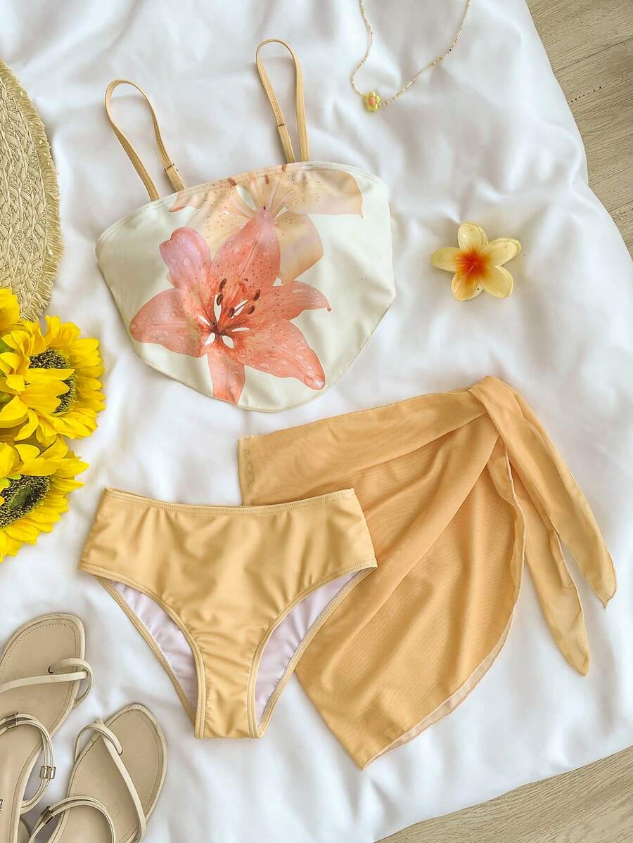 Bộ bikini 3 mảnh in hoa dành cho bé gái tuổi teen, thích hợp cho bãi biển, Hawaii và kỳ nghỉ. - Màu vàng - Xem 1
