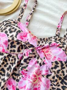 SHEIN Tween Girls Leopard Print 3D Tankini Top,Cute Pink Cheetah Bathing Suit,Mommy And Me Swimwear,Beige Summer Beach Holiday,Holiday Swim Suits For Girls - Pink - View 3