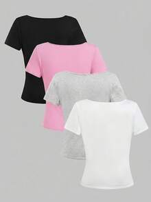 Girlism Bộ 4 áo thun dệt kim ngắn tay cổ vuông màu trơn dễ phối đồ cho bé gái tuổi teen, màu trắng, đen, xám, xanh dương, áo lót mùa hè đa năng. - Hồng - Xem 2