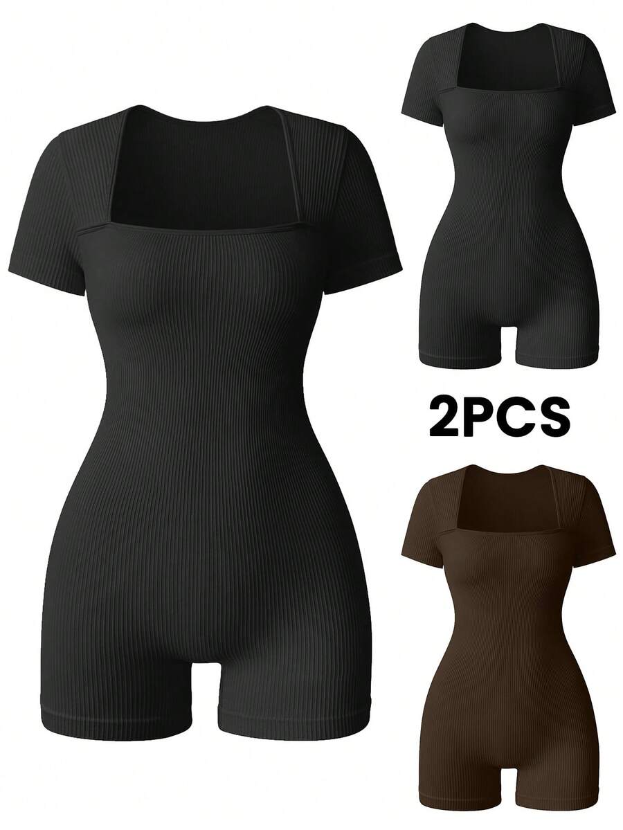 SHEIN Velisys 2pcs Seamless Ribbed High Elasticity Yoga Sports Jumpsuit - Multicolor - View 1