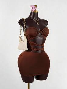 SaltGleam SaltGleam Vestido tubo ajustado de unicolor minimalista con diseño retorcido y hueco, estilo sexy para vacaciones en la playa - Marrón - Ver 1