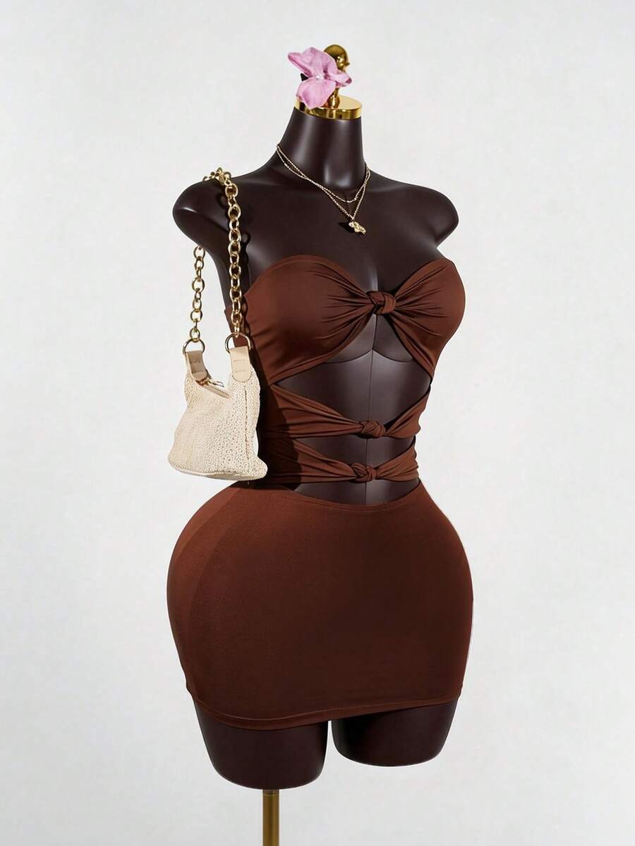 SaltGleam SaltGleam Vestido tubo ajustado de unicolor minimalista con diseño retorcido y hueco, estilo sexy para vacaciones en la playa - Marrón - Ver 1