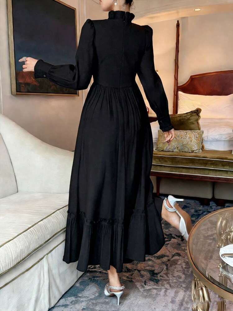 Women's Elegant Lace Patchwork Stand Collar Petal Sleeve Dress, Autumn Sundress