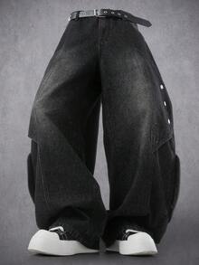 Manfinity Denimwave 男士休闲街头风做旧弧形宽松黑色牛仔裤 - 黑色 - 查看 2