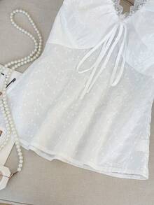 INAWLY 女士蕾丝边前系带刺绣时尚吊带背心 - 白色 - 查看 6