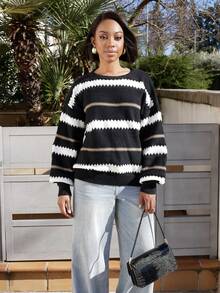Yess Loren 女士休闲条纹落肩宽松套头长袖毛衣上衣黑色 - 彩色 - 查看 2