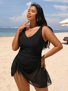 Swim Lushoire Plus Size Women's Plain & Simple Daily One-Piece Swimsuit Summer - Black - View 4