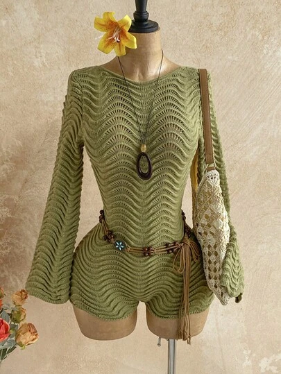 Soleia Nuevo atuendo casual de vacaciones para invitados a bodas en la playa, brunch de graduación, Día de San Patricio, Spring Break, festival de música de Pascua, elegante mono bohemio tropical con textura, manga acampanada y espalda descubierta, ropa de otoño e invierno para mujeres