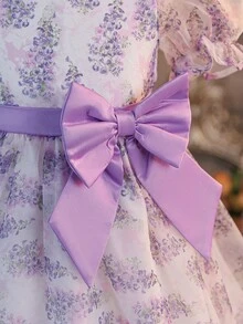 年轻女孩修身可爱度假风中长连衣裙，方领，泡泡袖，撞色蝴蝶结装饰。 - 紫色 - 查看 2