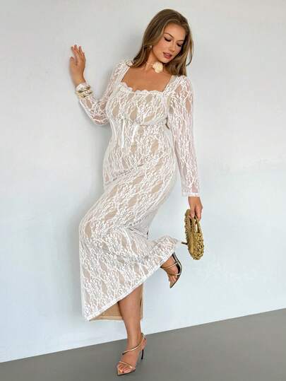 Auralis Plus-Size Ladies' Dress, Date Women's Wear, Romantic Date Lace Long Dress, Elegant Ladies' Clothing That Covers The Buttocks, Long Dress, New Autumn And Winter Style For Ladies' Parties, Date Parties, Sexy S-Shaped Lace Long-Sleeved, Cup, Fishbone, Square Neck, Tight Black Super Long Dress That Covers The Buttocks