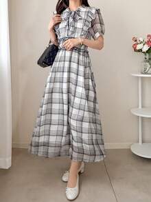 FRIFUL Women's Spring/Summer Plaid Cinched Waist Ruched Frill Trim Flared Maxi Casual Dress - Black and White - View 7