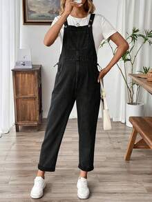 SHEIN Maternity Casual Minimalist Solid Color Drawstring Waist Denim Overalls With Rolled Hem - Black - View 1