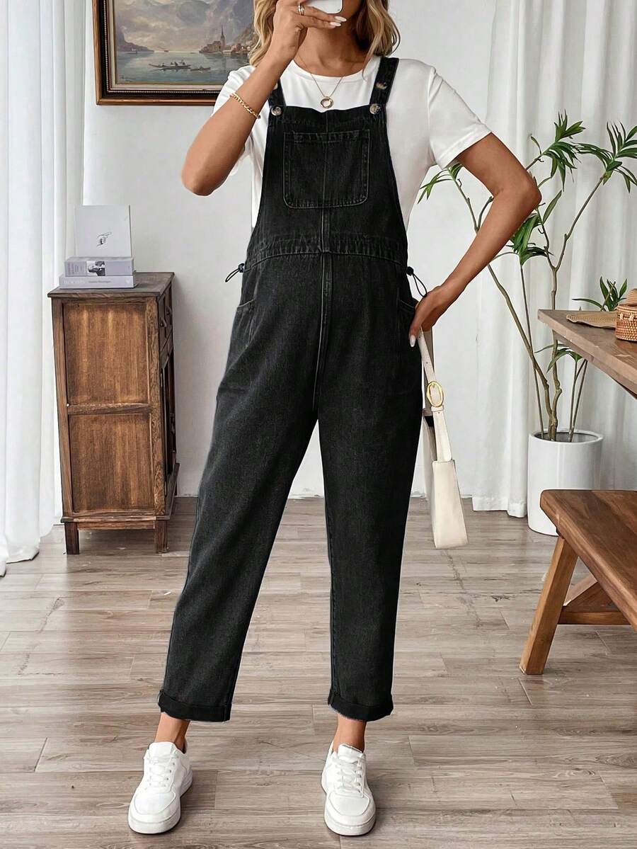 SHEIN Maternity Casual Minimalist Solid Color Drawstring Waist Denim Overalls With Rolled Hem - Black - View 1