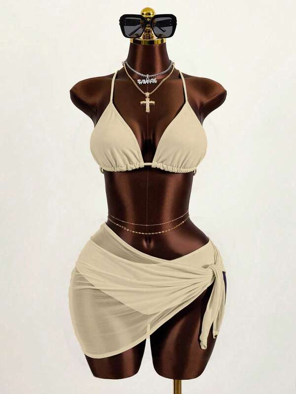 Swim Vcay 3pcs Solid Color Beachsuit, Printed Pattern Random, Summer Beach Vacation