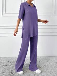 EURMUSE Cotton Two Pieces Set Polo Neck Top And Pant Set Rib Knit Fabric - Purple - View 4