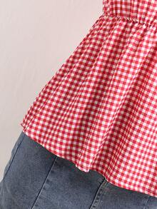 SHEIN 少女格子荷叶边休闲百搭日常穿搭花瓣袖衬衫 - 紅色 - 查看 5