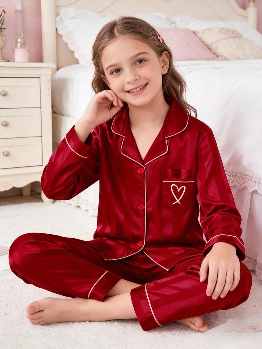 Conjunto de pijama de 2 piezas con cárdigan de manga larga a rayas color champán y pantalones para niñas - Multicolor - Ver 1