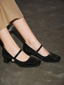 女士新款便捷魔术扣带高跟鞋，粗跟，方头，时尚，百搭，中跟鞋，法式玛丽珍鞋，黑色，展现优雅，专业工作鞋。 - 黑色 - 查看 4
