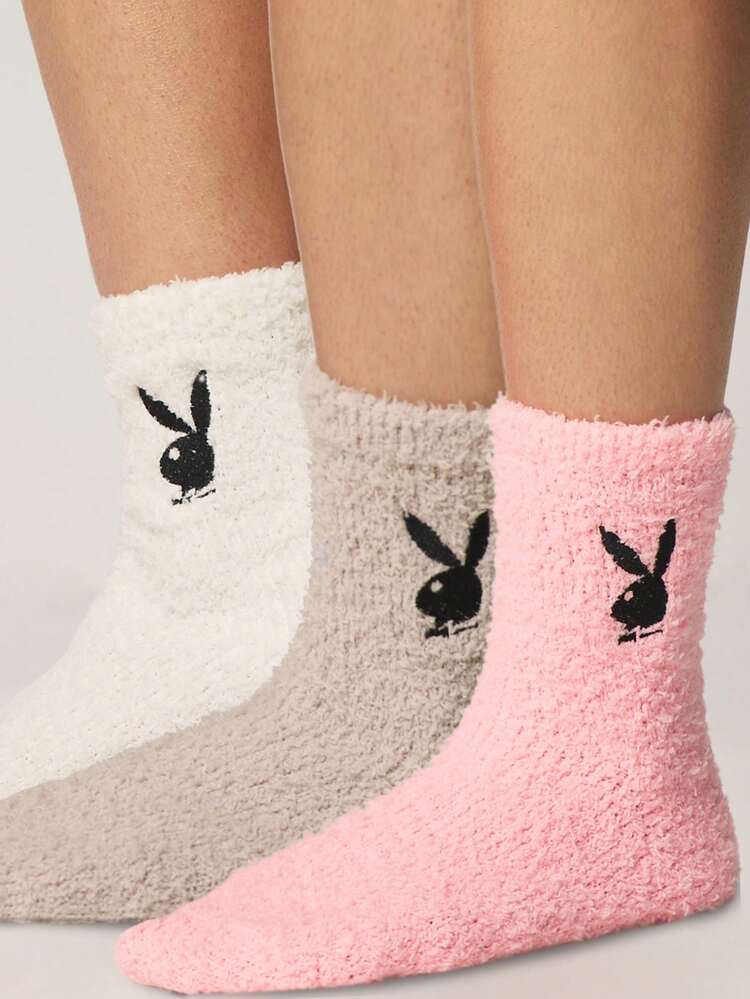 Missguided x Playboy Fuzzy Crew Socks With Bunny Logo Embroidered Design Cozy Winter Lounge Socks For Women