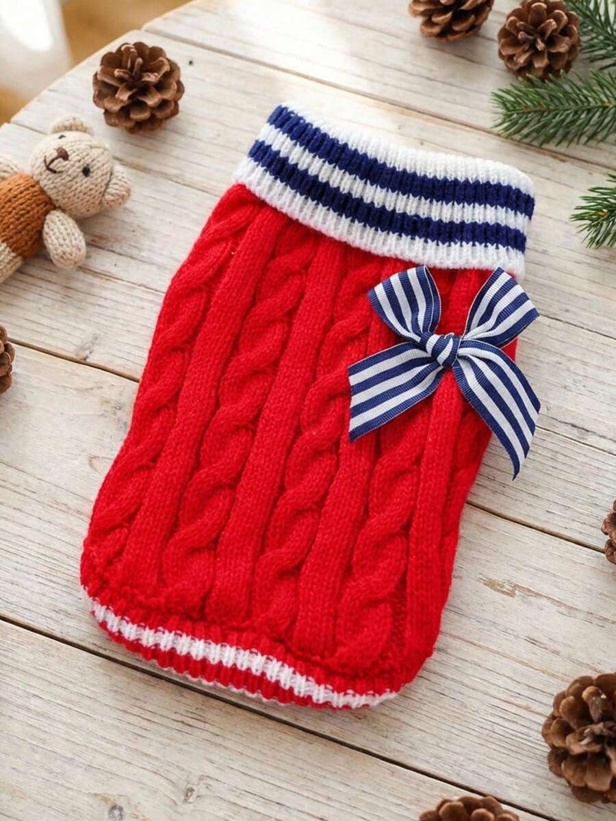 PETSIN 1pc Cat/Dog Universal Clothing, Classic Red Pet Sweater, Warm Knitted Sweater For Spring, Autumn And Winter - Red - View 1