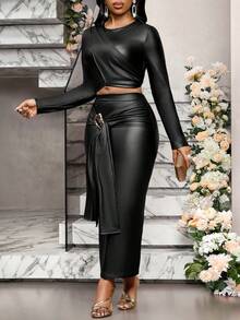 SHEIN Lady 女士优雅通勤修身上衣和半裙两件套 - 黑色 - 查看 5