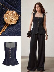 MOTF PREMIUM BLUSA DE MEZCLILLA CON CIERRE DE BOTONES DELANTEROS Y CINTURA CEÑIDA - Azul - Ver 6