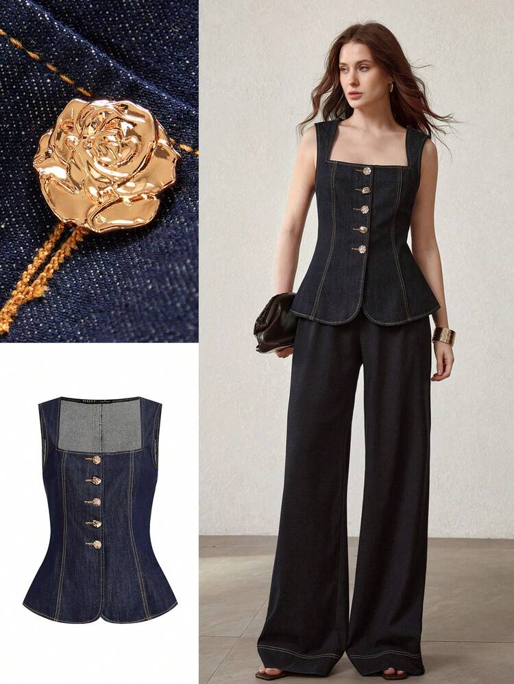 FRONT BUTTON CLOSURE WAIST CINCHED DENIM TOP