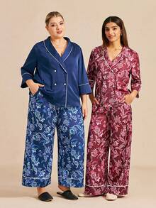LUVLETTE Conjunto de pijama de talla grande con estilo marinero - Top de satén con doble botonadura y pantalones anchos con estampado floral azul, conjunto de ropa de dormir a la moda - Azul - Ver 9