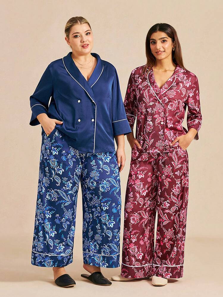 Conjunto de pijama de talla grande con estilo marinero - Top de satén con doble botonadura y pantalones anchos con estampado floral azul, conjunto de ropa de dormir a la moda