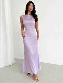 Firerie Spring/Summer New Elegant Purple Backless Halter Adjustable Tie Back Dress, Suitable For Wedding Guest, Party, Vacation - Mauve Purple - View 3