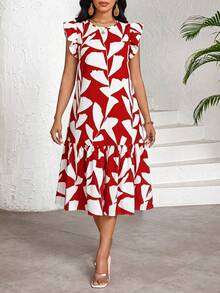 SHEIN Lady 女士中长连衣裙，时尚夏季女装，优雅大方 - 紅白色 - 查看 3