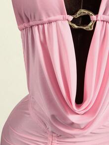 Zestiva Women's Summer Beach Sleeveless Backless Draped Neck Tie Waist Ruched Hem Vacation Party Sexy Cover Up Dress - Pink - View 4