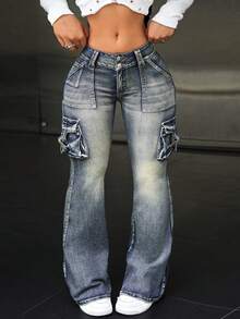 SHEIN ICON Quần jeans ống loe dáng rộng dành cho nữ cỡ lớn, có túi hộp, được giặt mài. - Rửa tối - Xem 3
