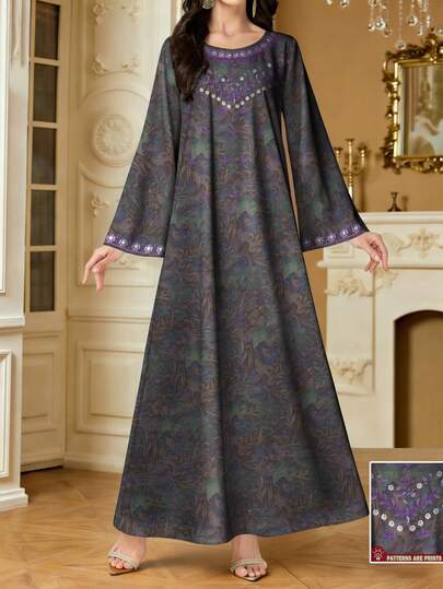 SHEIN Najma Vestido largo de manga larga con cuello en V con estampado floral y de plantas, vestido largo floral de mujer, ropa de estilo árabe elegante, primavera/verano