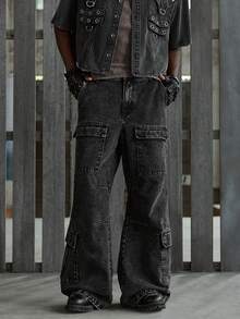 NEON BLANC Quần jeans ống loe cargo nam, kiểu dáng thường ngày, đã qua xử lý giặt. - màu đen - Xem 1