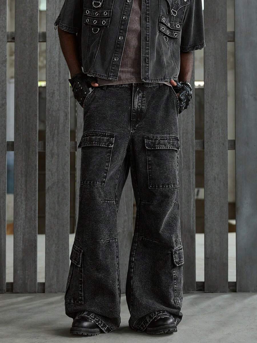 NEON BLANC Quần jeans ống loe cargo nam, kiểu dáng thường ngày, đã qua xử lý giặt. - màu đen - Xem 1