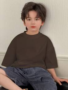DAZY Tween Boy Solid Color Round Neck Casual Versatile Daily Wear Short Sleeve T-Shirt Summer - Brown - View 3