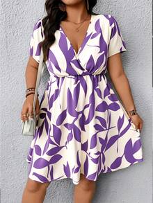 SHEIN Clasi Plus Size Cross-Wrap Short Sleeve Contrast Color Summer Dress - Purple - View 5