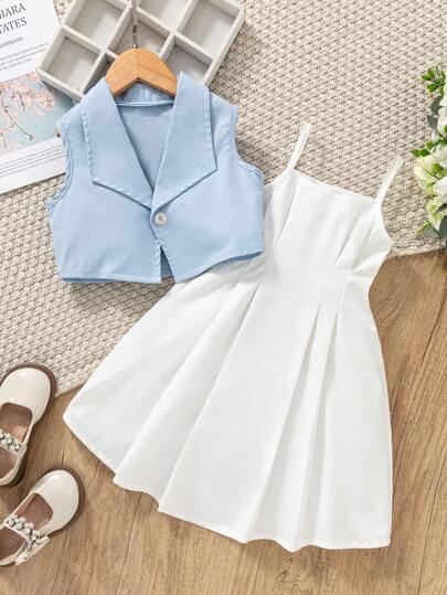 SHEIN Genkimix Kids Young Girl Solid Color Lapel Cardigan And Spaghetti Strap Dress Set, Suitable For Everyday Wear And Slightly Formal Occasions, Great For Late Spring, Summer And Early Autumn