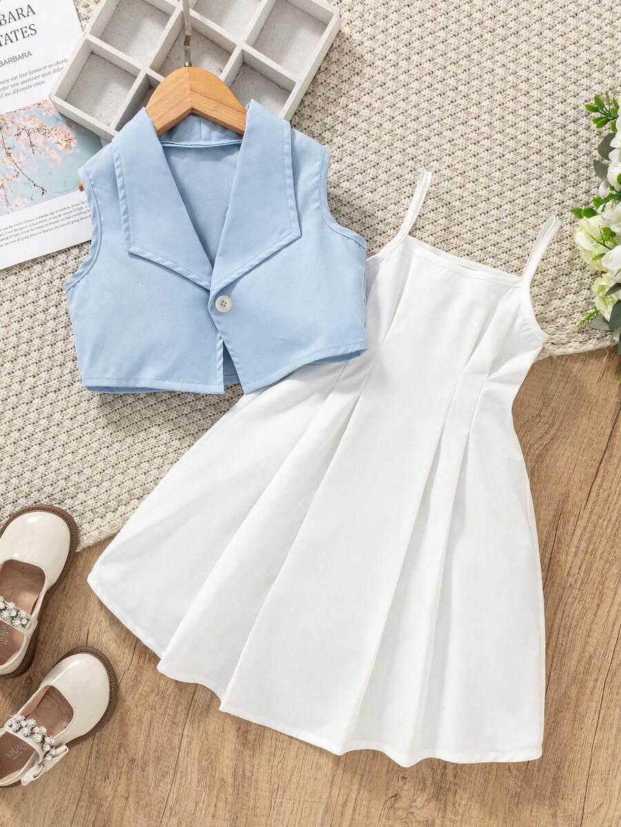 SHEIN Genkimix Kids 少女纯色翻领开衫和吊带连衣裙套装，适合日常穿着和略微正式的场合，非常适合晚春、夏季和初秋。 - 淺藍色 - 查看 1